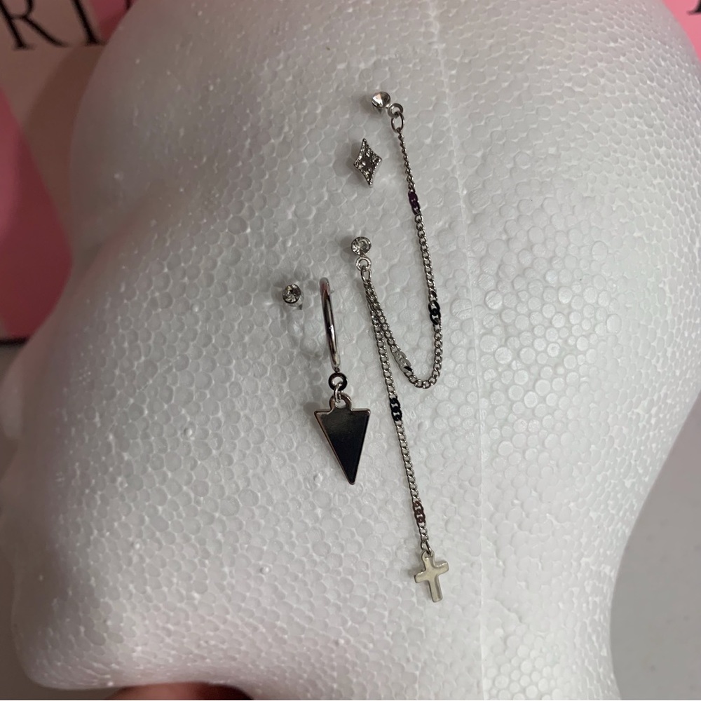 Post Earrings Set Silver Diamond Arrow Cross Clear Gem 10 Piece NEW